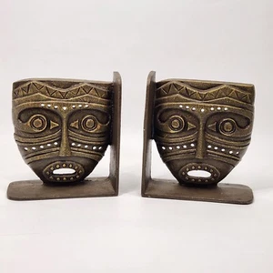 Vintage Cast Iron Tiki Mask Bookends Hawaiian African Tribal Mask - Picture 1 of 6