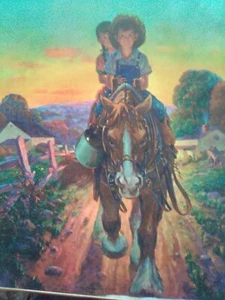 Vintage 30er-40er Jahre Druck mit dem Titel Home From The Fields, Pferd und Kinder, #5088 - Bild 1 von 6