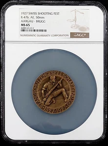 1927 Swiss Shooting Medal, R-47b, AE, 50 mm, , Aargau-Brugg,  MS 65 by NGC! - Picture 1 of 6