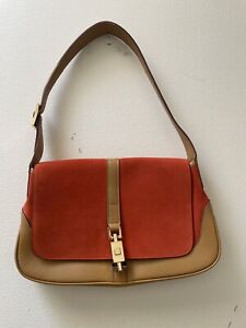 Vintage Gucci Jackie Shoulder Bag Multicolored Orange Suede and Tan Leather