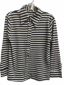 Vintage 80’s Stripe Poly Button Up Blouse Top S/M Big Collar Indie Sleaze - Picture 1 of 3