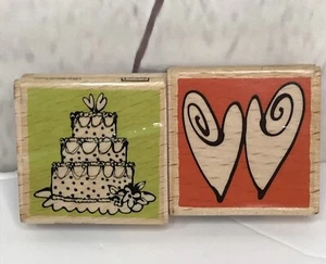 VAP! Juego de 2 sellos de goma de madera montados en pastel de cumpleaños y corazones chatarra " - Imagen 1 de 9
