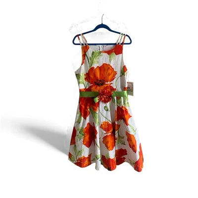 Bonnie Jean Girls 12 Floral Poppy Print Sundress White Orange Ribbon Party Dress - Image 1 of 4