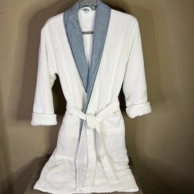 POTTERY BARN Waffle Bolsillos Borde Azul Terry Resort Bata Spa Unisex Talla Pequeña Foto 1 de 4