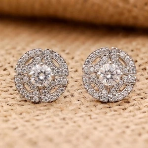 925 Sterling Silver Round Halo CZ Stud Earrings Elegant Classic Jewelry for Her - Picture 1 of 7