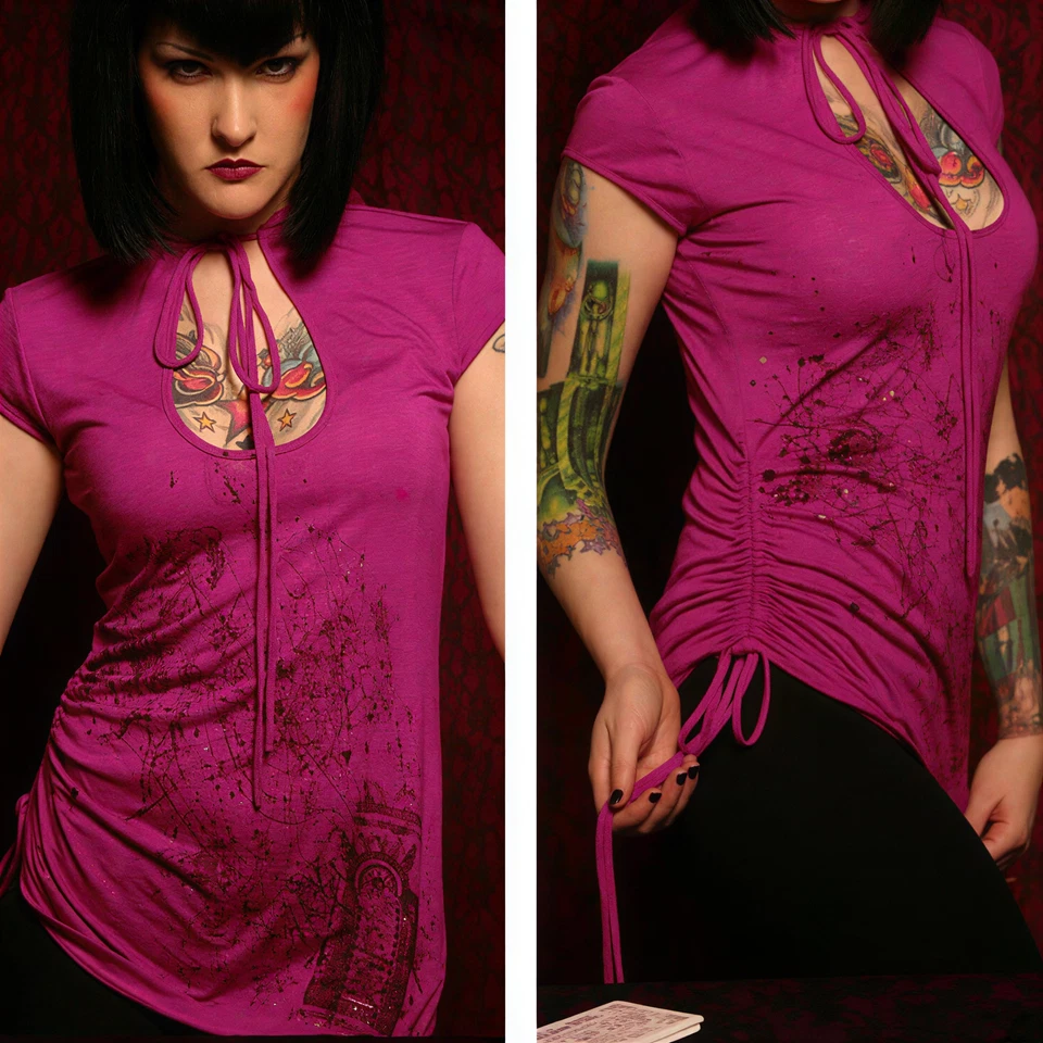 Hooded T-Shirt, Tear Drop Keyhole Neck, Sexy Plunge, Purple Pink, Lip Service M - Image 1 of 1