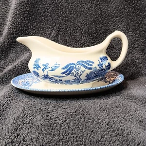 Vintage English Ironstone Tableware Old Willow Gravy Boat mismatched plate NB - Picture 1 of 17