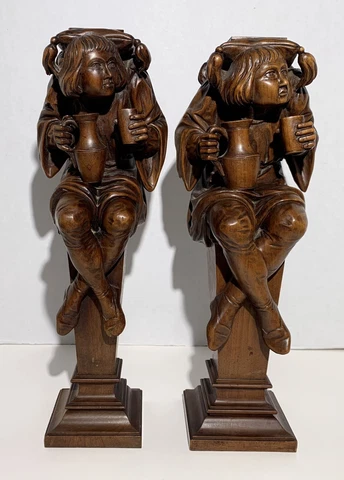 PAIR 19th Century FIGURAL CARVED WOOD ARCHITECTURAL COLUMNS Renaissance Revival Cover