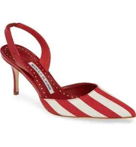 Manolo Blahnik Carolyne Pointy Toe Stripe Pump, Size 6 US 36 EU Red White Patent - Picture 1 of 6