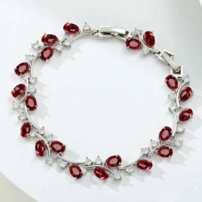 New Cute Flower Women Girl Jewelry Red Garnet Gemstone Charm Silver Bracelets - Image 1 of 4
