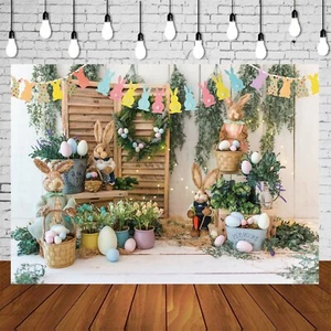Telón de fondo de Pascua conejos huevos coloridos fotografía fondo primavera pancarta - Imagen 1 de 8