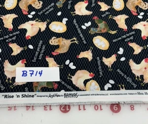 Rise’N Shine Hen House Chickens On Black Cotton Quilt Fabric Half Yard-by Kanvas - Picture 1 of 2
