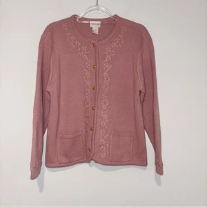Crystal Kole Vintage Floral Embroidered Patch Pocket Button Sweater Gold Pink M - Picture 1 of 3