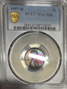 1957-D Top Pop Monster Toned Wheat Cent PCGS Ms 67 RB CoinFacts Plate Coin - Picture 1 of 4