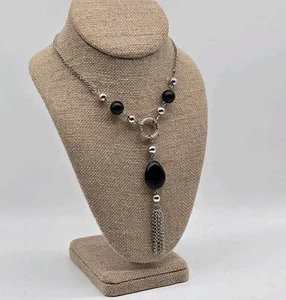 Deco Flapper Silver Tone Tassel Chain Y Necklace Station Beads Black Pendant - Picture 1 of 12