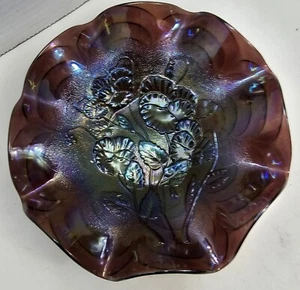 Vintage Carnival Glass Dish Imperial Pansy Purple Pattern WRuffled Edge EUC!! - Picture 1 of 16