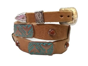 Scalloped HATBAND Tan LEATHER w BROWN Dome + TURQUOISE BAR CONCHO'S & Buckle Set - Picture 1 of 19