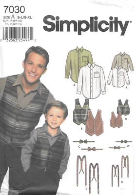 Uncut Simplicity Sewing Pattern 7030 Boys and Mens Shirt Vest Bow Tie Suspenders - Image 1 of 2