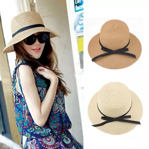 Floppy Foldable Ladies Women Straw Beach Sun Hat Summer Travel Wide Brim Cap - Picture 1 of 15