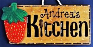 Personalize STRAWBERRY KITCHEN SIGN Wall Hanger Hanging Name Plaque Wood Decor - Picture 1 of 1