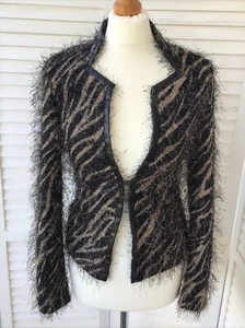 ANNA SCOTT Small Animal Print Black Beige Eyelash Furry Hockey Cardigan S Jacke - Bild 1 von 10