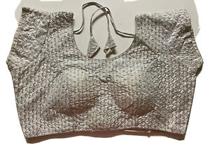 Readymade Designer Sari Blouse SILVER brocade NECK DORI large XL size 44" USA se