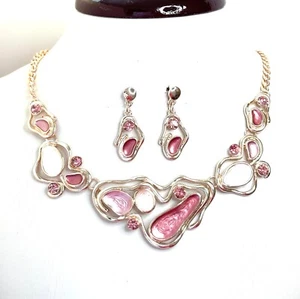 Rose Gold Pink Enamel Geometric Necklace Earrings Set Women Birthday Gift - Picture 1 of 2