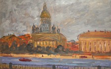 VINTAGE EXPRESSIONIST OIL PAINTING CITYSCAPE RIVER SIGNED