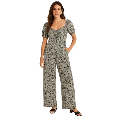 Mono Boden, Mujer, Negro Blanco Paisley Manga Abullonada Pierna Ancha Talla 6P Boho Chic Foto 1 de 4