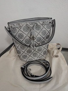 Echte TORY BURCH T Mini-Eimertasche Monogramm grau verziert LESEN - Bild 1 von 12