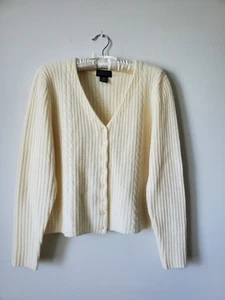 Vintage Y2K Limited Women's Rib Knit Cardigan Ivory V Neck Lambswool/Angora Sz L - Picture 1 of 10