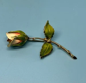 Vintage Giovanni Pink Rose Flower Gold Tone Green Leaf Enamel Pin Brooch 3" - Picture 1 of 12