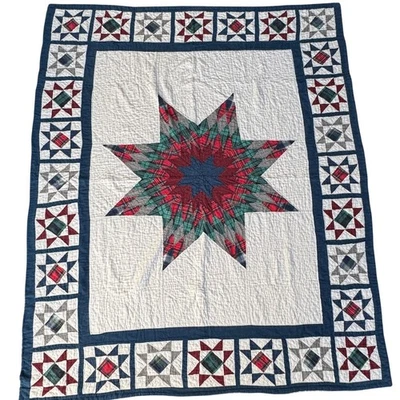 Винтажный ручной работы лоскутное одеяло Lone Star синий белый уютный плед 76 x 64 - Изображение 1 из 4