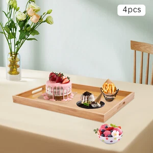 4 Bamboo Serving Trays with Handles Rectangular Wooden Breakfast Kitchen Tray - Picture 1 of 12