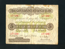 Ceylon (Sri Lanka):P-11b,5 Rupees 1914  * British Rule * RARE * F+ *