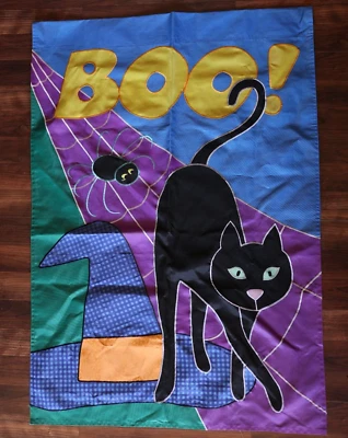 Jetmax Vintage Black Cat Boo Witch Hat Halloween Decorative Outdoor Flag 27x39 - Image 1 of 4