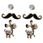 Set Of 3 Pairs Of Owls Star Crowns Moustache Donkey Skull Rose Bow Stud Earrings
