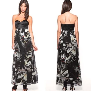 Karen Millen Silk Butterfly Print Maxi Dress Black Corset Long Strapless Sz 8 12 - Picture 1 of 10