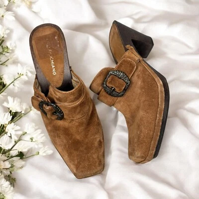 Коричневые замшевые кожаные сабо Mules квадратный носок 90-е вестерн богемное ковбойский фестиваль 7 - Изображение 1 из 4