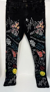 Waimea Black Denim Skinny Fit Jeans Graffiti Painted Straight Leg 30x32 - Picture 1 of 19