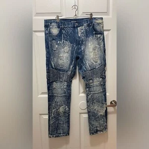 GS-115 Jeans Mens Size 38 Blue Denim Moto Distressed Splashed Modern 38x32 - Photo 1/10