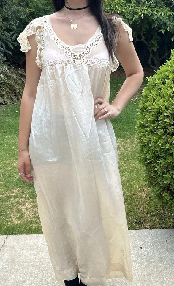 Antique 20s 30s L XL Silk Long Nightgown Slip Dress Lace - Image 1 of 4