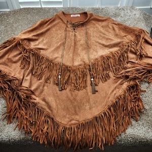 PONCHO/SHAWL FAUX SUEDE WRAP W LASER CUT GRAPHIC FRINGED Western Native American - Picture 1 of 7
