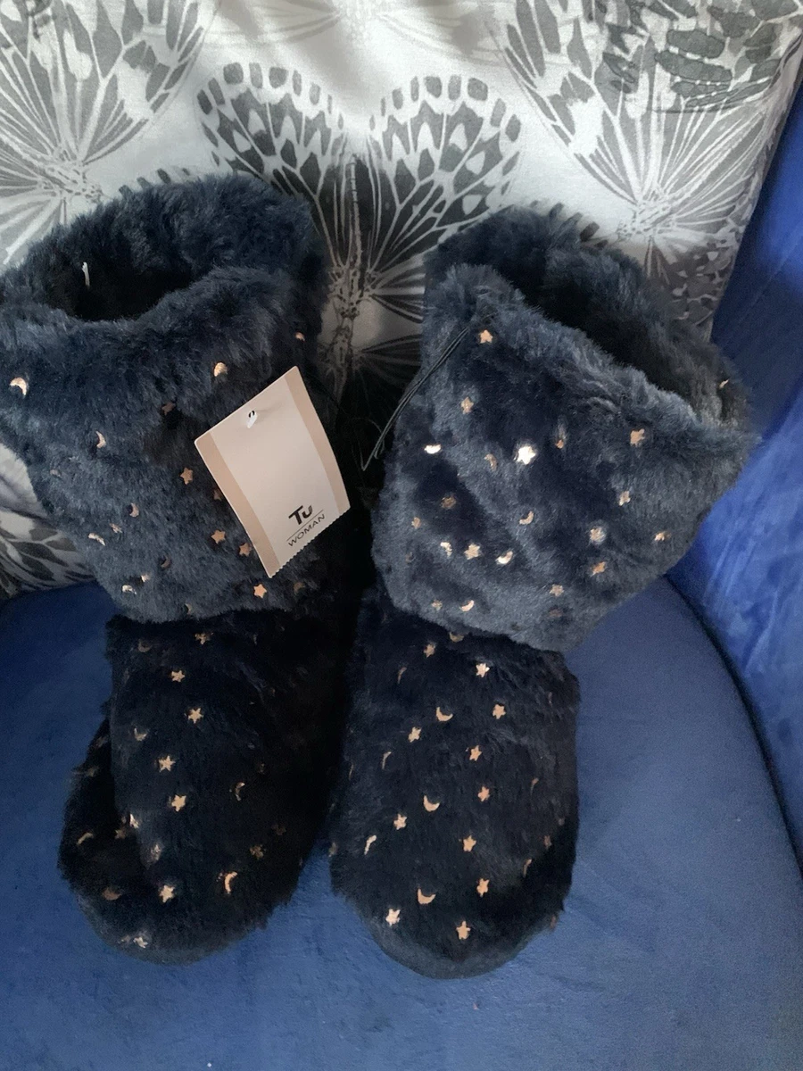 Ladies Blue Fairisle Bootie Slippers – Cozy Fleece-Lined Booties For Indoor Comfort, UK Sizes 3-8
