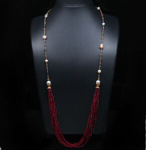 Heated Red Ruby, Pearl & Tourmaline Necklace Silver 925 Sterling