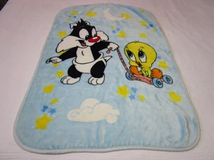 Vintage Baby Looney Tunes Blanket Sylvester Tweety Bird Blue plush acrylic - Picture 1 of 3
