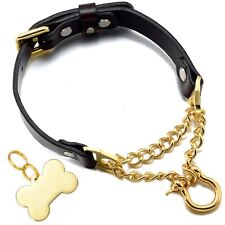 Gold Color Metal Chain Leather Dogs Collar Traction Punch with Carve ID Tag