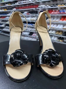 Chanel Black Leather Camellia Ankle Strap Heel Flower Accent Size 40 EU 10 US - Picture 1 of 9