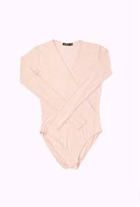 Boohoo Slinky Peach Pink Long Sleeve Wrap Over Bodysuit Size US 10 / UK 14 - Picture 1 of 7