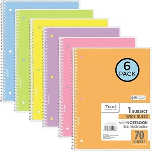 Spiral Notebooks, 6 Pack, 1-Subject, Wide Ruled Paper, 8" x 10-1/2", 70 Sheets - Picture 1 of 6